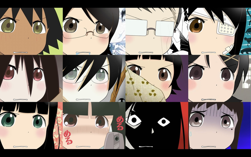 black_hair dark_skin eyepatch gununu itoshiki_nozomu keitai komori_kiri megane meme otonashi_meru red_eyes sayonara_zetsubou_sensei sekiutsu_maria_tarou tagme tsunetsuki_matoi