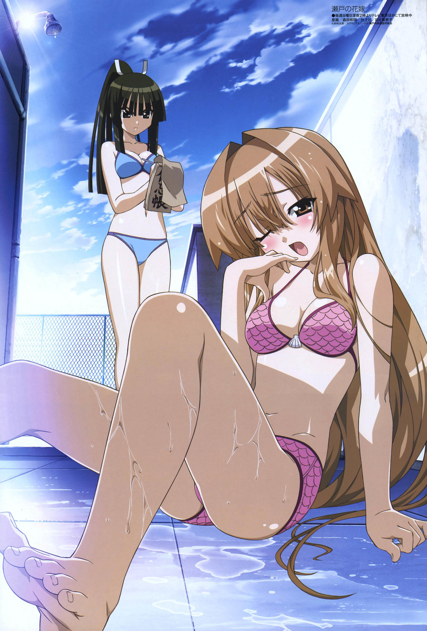 absurdres barefoot bikini black_eyes black_hair blush brown_eyes brown_hair day feet highres long_hair megami morita_kazuaki multiple_girls notepad open_mouth ponytail scan seto_no_hanayome seto_sun shiranui_akeno sitting swimsuit wet wince