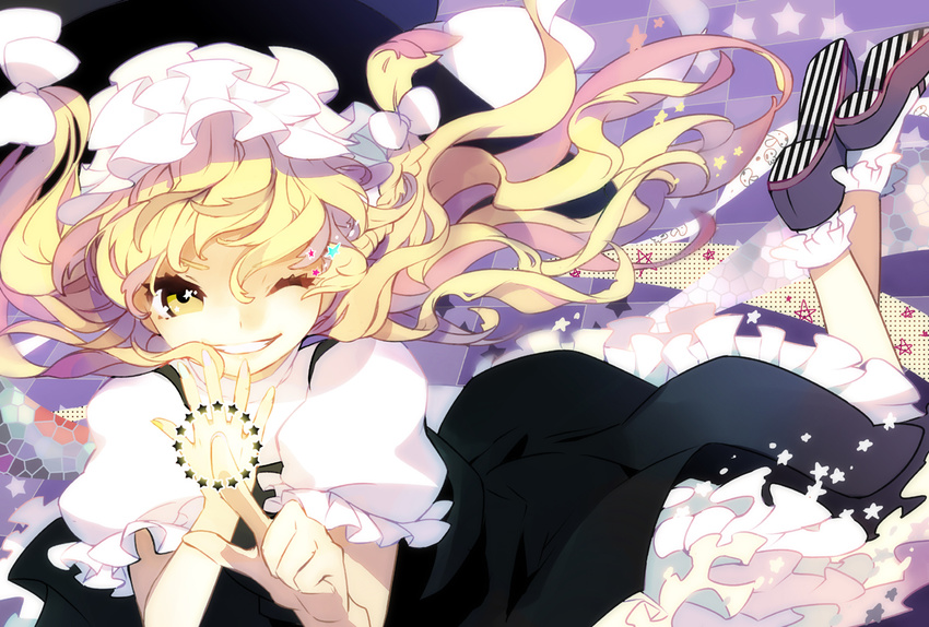 blonde_hair bow braid gin_(oyoyo) grin hair_bow kirisame_marisa long_hair looking_at_viewer lying on_stomach one_eye_closed smile solo star touhou yellow_eyes