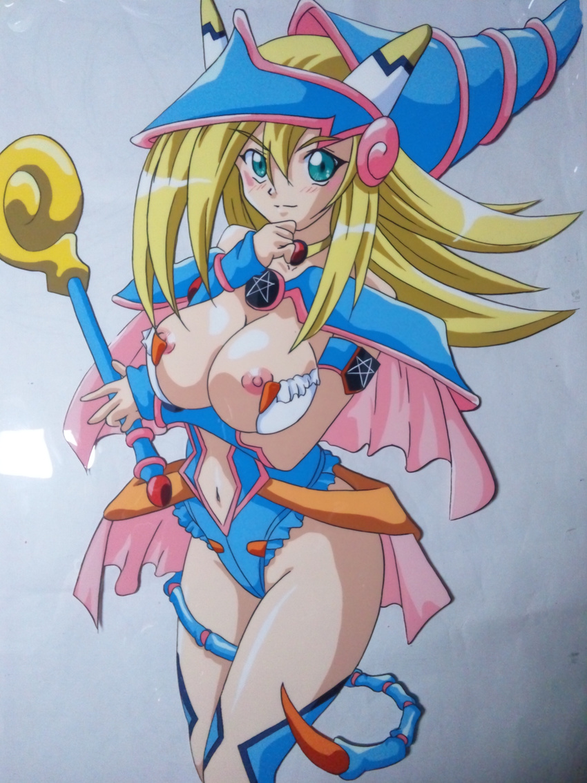 absurdres blonde_hair breasts dark_magician_girl duel_monster green_eyes hasamimushi highres large_breasts nipples scissor_insect short_hair yu-gi-oh! yuu-gi-ou_duel_monsters