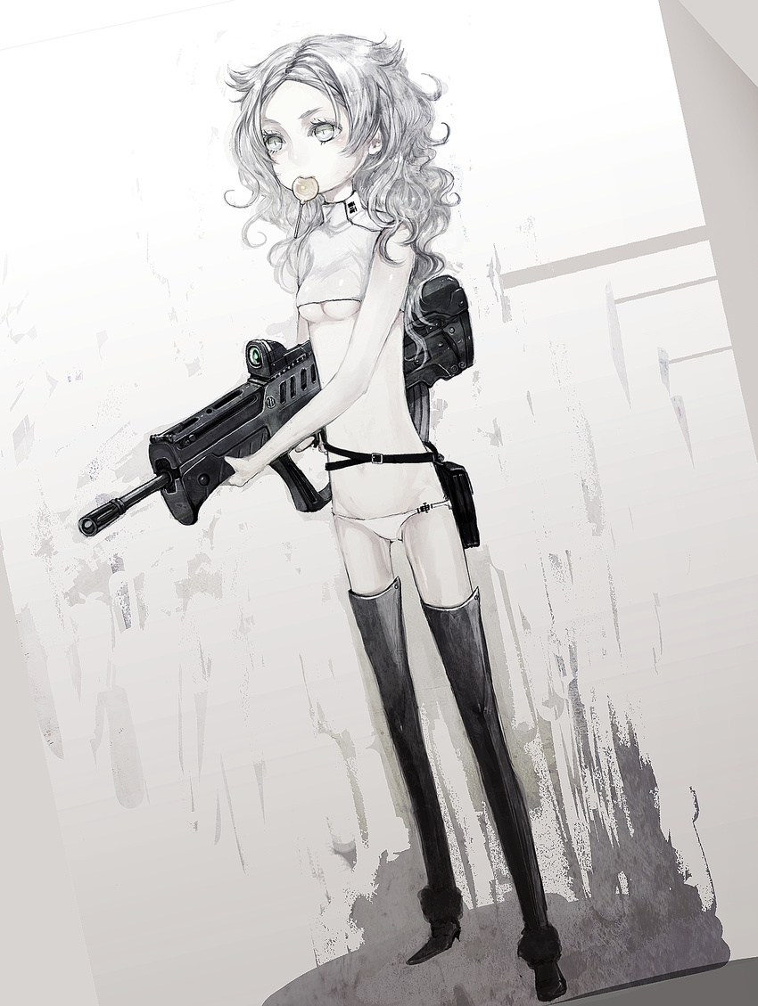 assault_rifle bad_id bad_pixiv_id boots breasts bullpup candy copyright_request food gun highres imi_tavor_tar-21 lollipop long_hair nicole_pmonachi rifle silver_(color) silver_eyes silver_hair skinny small_breasts solo thigh_boots thighhighs underboob weapon
