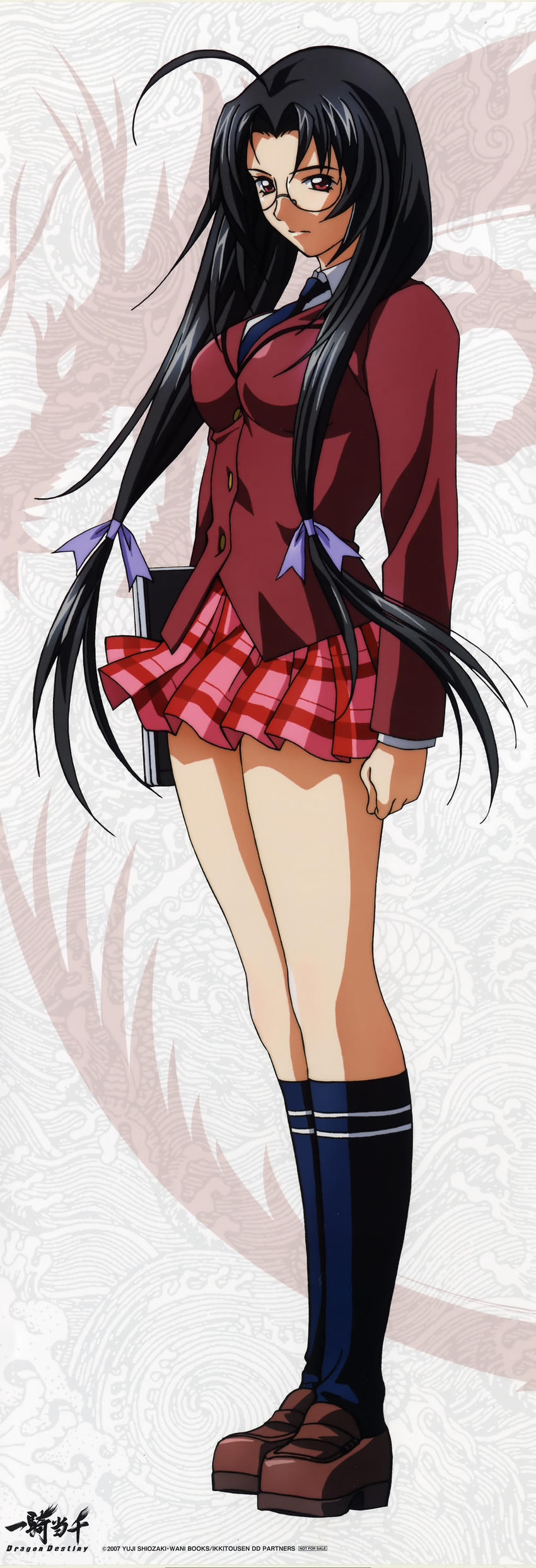 absurdres ahoge black_hair book breasts glasses high_res highres ikkitousen ikkitousen_dragon_destiny ikkitousen~dragon_destiny~ kaku_bunwa large_breasts long_hair long_image megane plaid plaid_skirt red_eyes ribbon scan school_uniform serafuku skirt socks standing stick_poster tall_image tartan