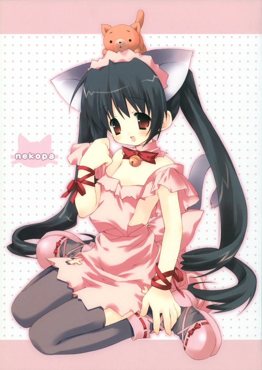 absurdres animal animal_ears animal_on_head apron bell bell_collar black_hair black_legwear cat cat_ears cat_on_head collar copyright_request highres huge_filesize jingle_bell long_hair maid morinaga_korune on_head tail thighhighs twintails