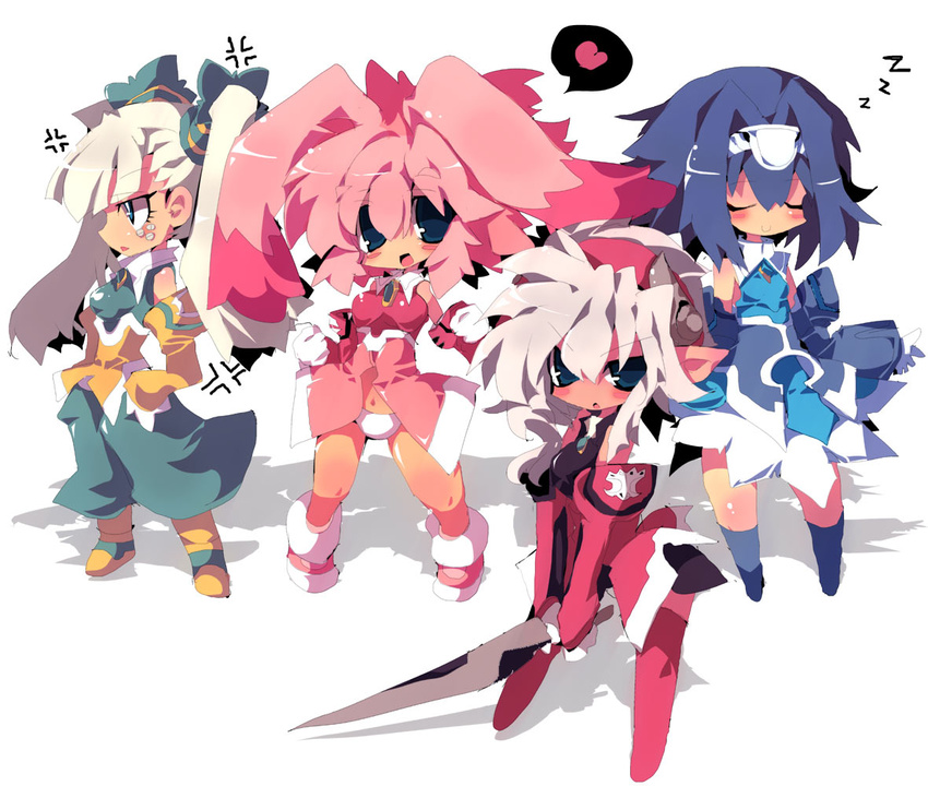 animal_ears blue_eyes blue_hair blue_legwear blue_sleeves blush bunny_ears closed_eyes dangomushi detached_sleeves dominia_yizkor dress full_body green_eyes hair_intakes hairband hands_on_hips kelvena_(xenogears) kneehighs long_hair multiple_girls navel panties pants pink_hair pointy_ears red_legwear red_sleeves seraphita_(xenogears) short_hair sidelocks smile sword thighhighs tolone_(xenogears) twintails underwear weapon white_hair xenogears yellow_sleeves