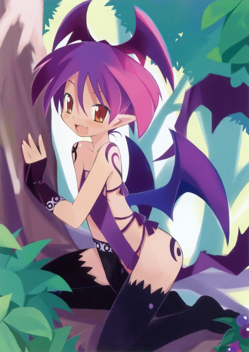 aquarian_age demon fang highres pointy_ears purple_hair slit_pupils smile solo thighhighs tree wings yamamoto_keiji