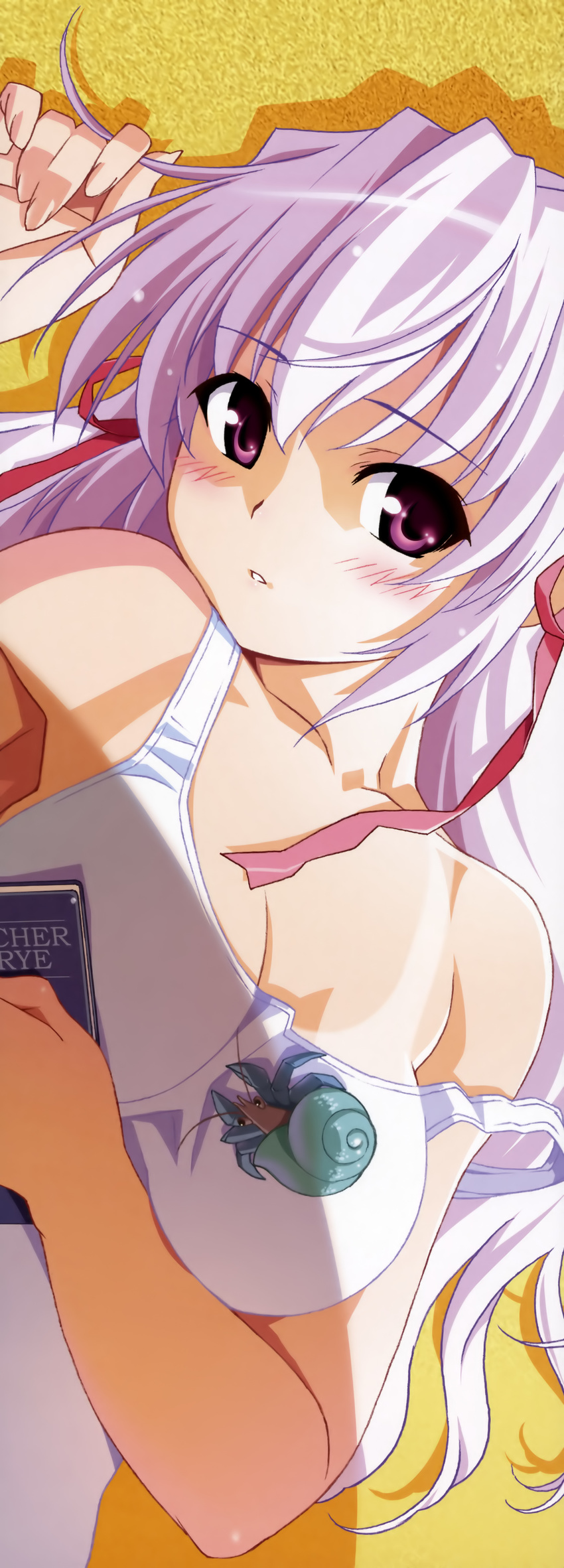 absurdres blush book breasts estel_freesia hair_ribbon hermit_crab highres large_breasts long_hair long_image looking_at_viewer lying purple_eyes pursed_lips ribbon solo stick_poster strap_slip tan tanline watanabe_akio white_hair yoake_mae_yori_ruri_iro_na