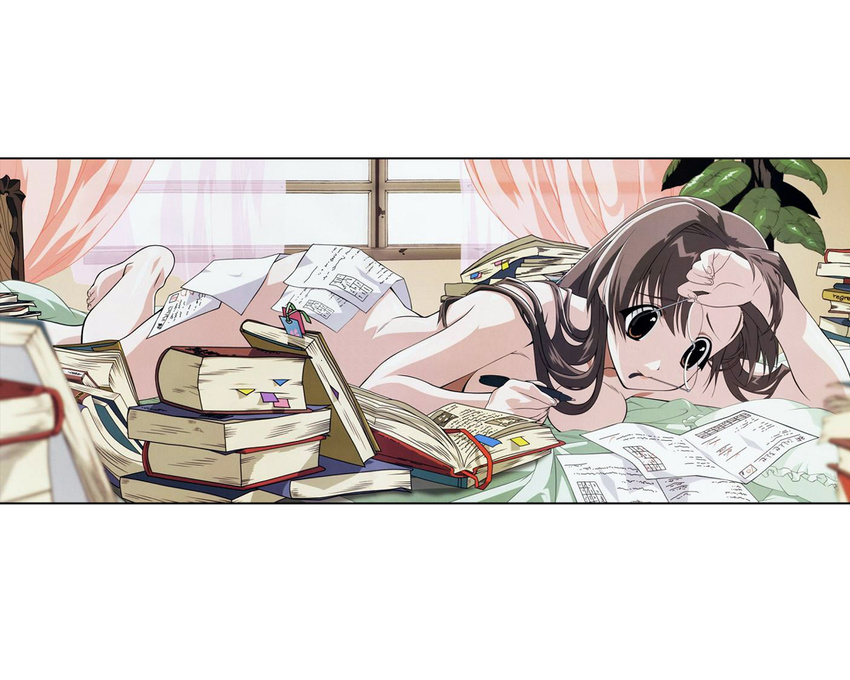 artist_request book breast_press brown_hair collarbone glasses hand_on_own_face happy_lesson ichimonji_mutsuki nude plant solo studying window