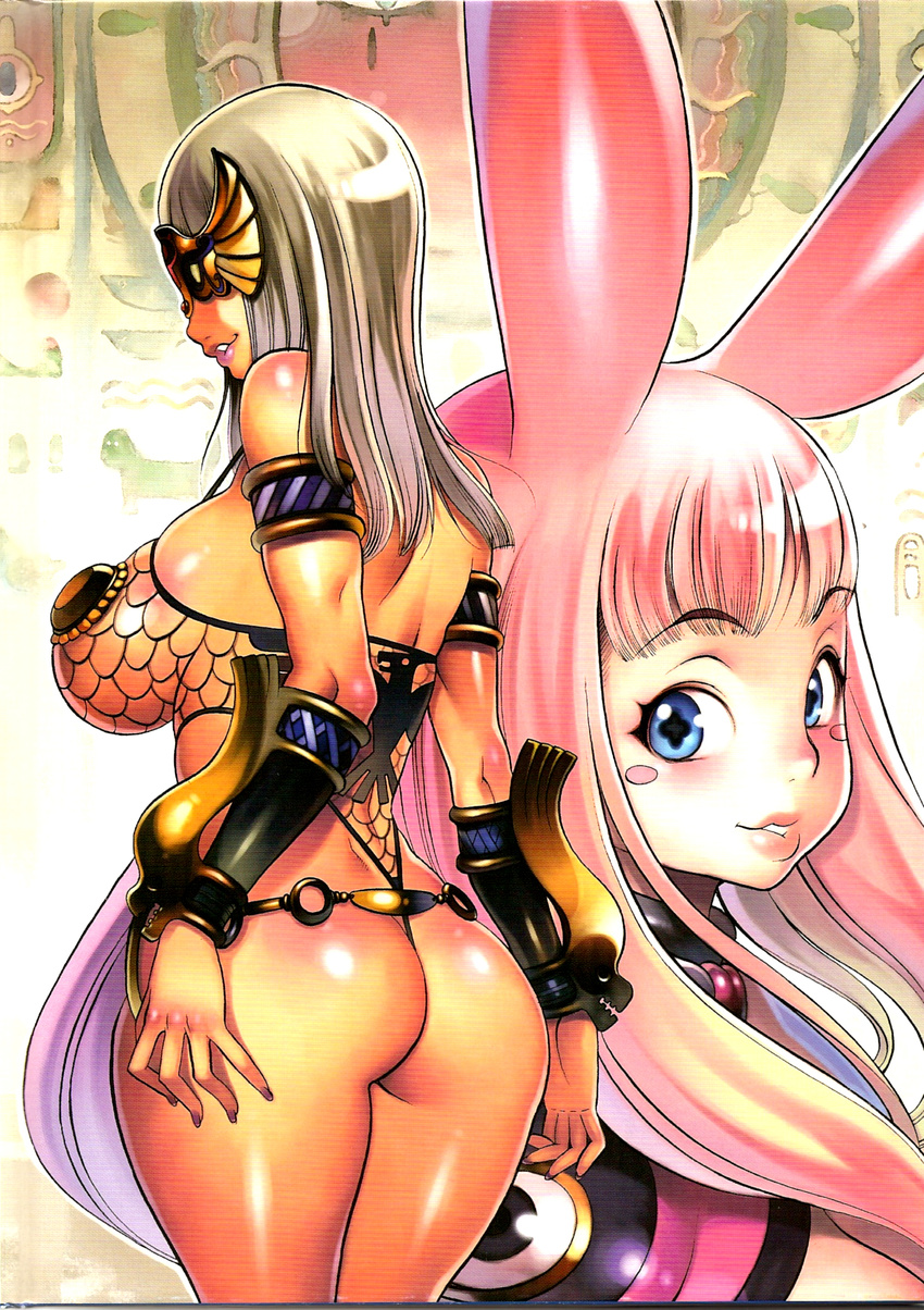 2girls anarista animal_ears armlet ass back bangs bare_shoulders blue_eyes blunt_bangs blush blush_stickers body_blush breasts bunny_ears cowboy_shot curvy egyptian f.s. fake_animal_ears fingernails fishnets from_side gradient_hair grin highleg highleg_leotard highres large_breasts leotard lips lipstick long_fingernails long_hair looking_back makeup mask melona multicolored_hair multiple_girls nail_polish o-ring o-ring_bottom official_art parted_bangs pink_hair pink_lipstick prehensile_hair purple_nails queen's_blade revealing_clothes scan scan_artifacts sheer_leotard sideboob silver_hair smile standing star star-shaped_pupils strap_gap symbol-shaped_pupils thick_thighs thighs thong_leotard vambraces