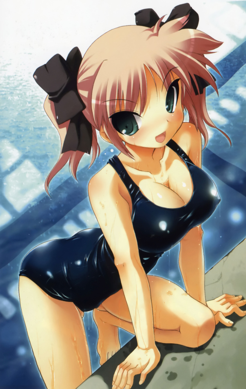 :d absurdres barefoot bow breasts bust_cup cleavage covered_nipples green_eyes hair_bow highres large_breasts megami megami_creators one-piece_swimsuit open_mouth pink_hair pool poolside school_swimsuit shiny shiny_clothes short_hair skindentation smile solo swimsuit tsurugi_hagane water wet wet_clothes