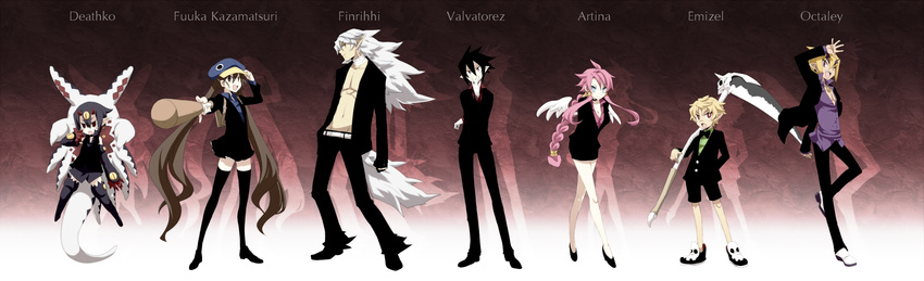 axel_(disgaea) blonde_hair brown_hair demon_girl desco desco_(disgaea) disgaea disgaea_4 emizel hat highres kazamatsuri_fuuka long_image makai_senki_disgaea_4 pink_hair purple_hair valbatose valvatorez_(disgaea) volcano_(disgaea) vulcanus_(disgaea_4) weapon weapons white_hair wide_image wings