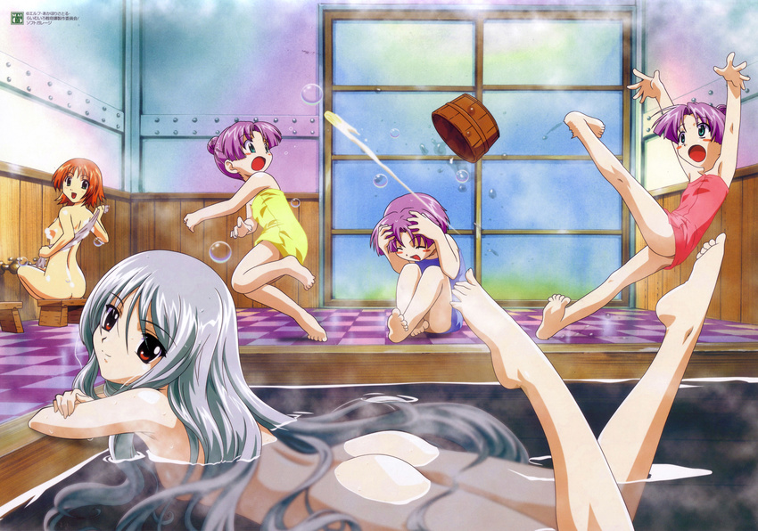 :d absurdres aqua_eyes ass back barefoot bath bathhouse bathing blue_towel blush_stickers bubble convenient_censoring crossed_arms dorsiflexion feet from_side green_eyes grey_towel hair_censor highres koushi_(lime-iro_senkitan) kuki-sama legs_up lime-iro_senkitan long_hair lying multiple_girls naked_towel nude on_stomach open_mouth orange_hair oushi_(lime-iro_senkitan) partially_submerged plantar_flexion purple_hair red_eyes red_towel sanada_momen scan silver_hair slipping smile soap soap_bubbles soap_censor soushi the_pose towel washing_back wet wet_hair yellow_towel