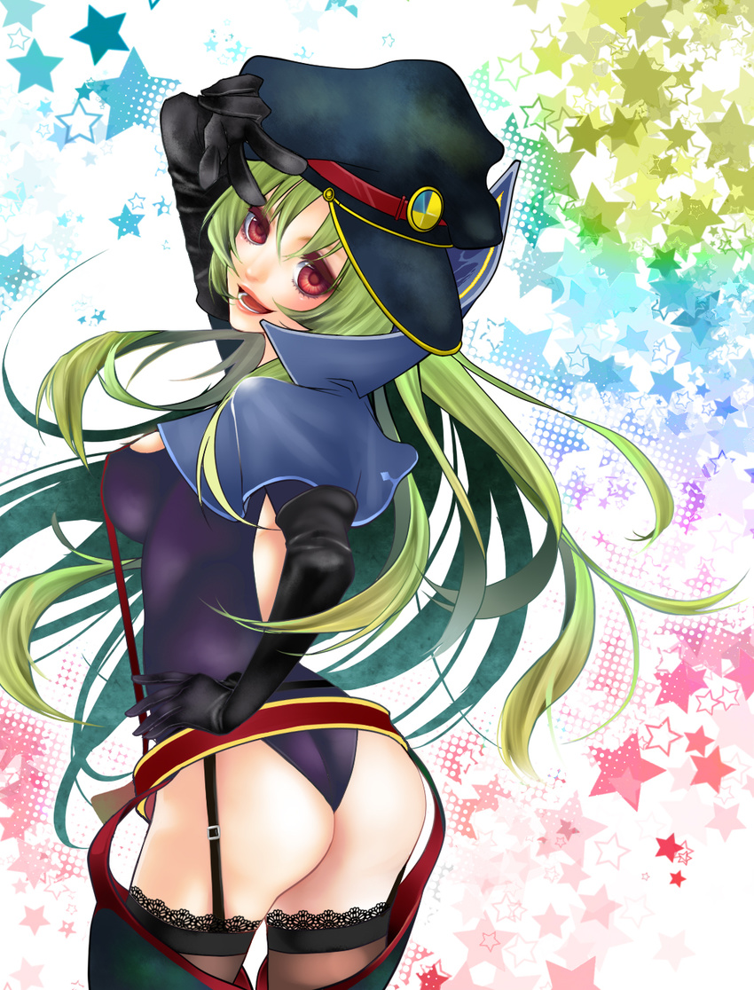 ass bad_id bad_pixiv_id black_legwear breasts cleavage elbow_gloves from_behind garter_belt gloves green_hair hat highres kiraboshi_(star_driver) lace lace-trimmed_thighhighs long_hair looking_back medium_breasts mj6969 open_mouth panties peaked_cap red_eyes solo star_driver thighhighs thong underwear v v_over_eye watanabe_kanako