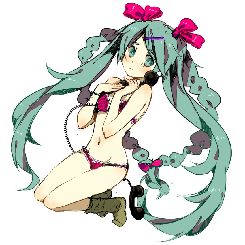 aqua_eyes aqua_hair bow bra braid corded_phone hair_bow hatsune_miku highres lingerie long_hair panties phone simple_background solo twintails underwear underwear_only very_long_hair vocaloid yunomachi