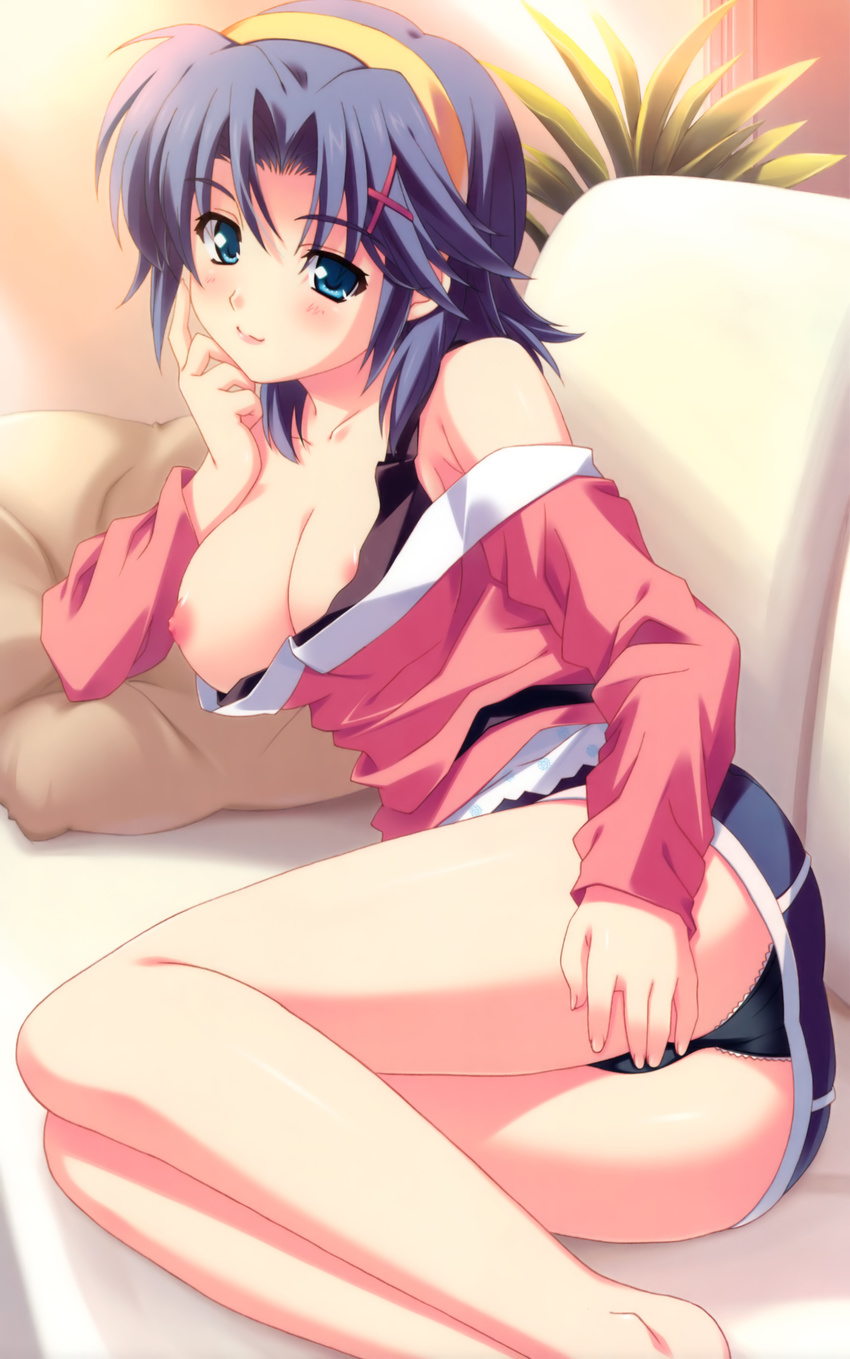 absurdres aqua_eyes areola_slip areolae ass ayase_yuuka black_panties blue_hair blush breast_slip breasts couch hairband highres indoors kusukusu lace lace-trimmed_panties large_breasts legs long_sleeves lying microskirt miniskirt nipples one_breast_out panties sakura_strasse short_hair skirt solo thighs underwear wardrobe_malfunction