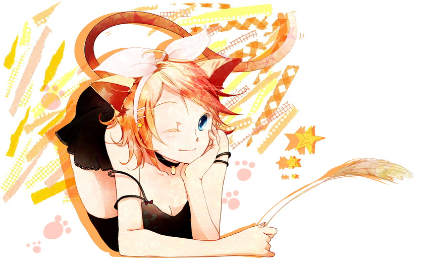 animal_ears black_dress blonde_hair blue_eyes cat_ears cat_tail cat_teaser dress hair_ornament hair_ribbon hairclip kagamine_rin kemonomimi_mode one_eye_closed ribbon short_dress short_hair smile solo sss3 tail thighhighs vocaloid