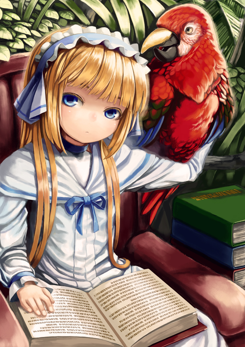 absurdres aratama bad_id bad_pixiv_id bird blonde_hair blue_eyes book hairband highres long_hair macaw original parrot red-and-green_macaw sidelocks solo