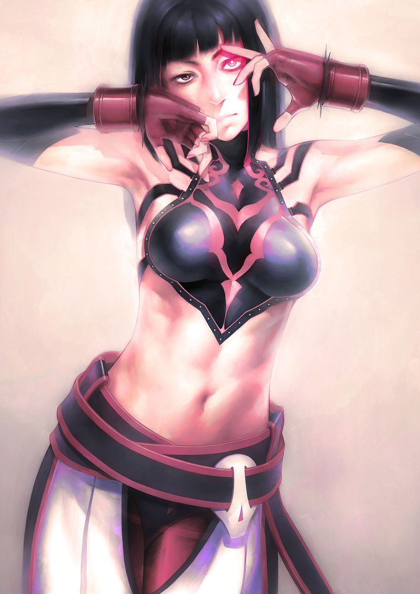 abs alternate_hairstyle armpits bare_shoulders belt black_hair drill_hair fingerless_gloves gloves glowing glowing_eye hair_down halter_top halterneck han_juri highres iwai_ryou long_hair midriff navel pink_eyes solo street_fighter street_fighter_iv_(series) toned twin_drills