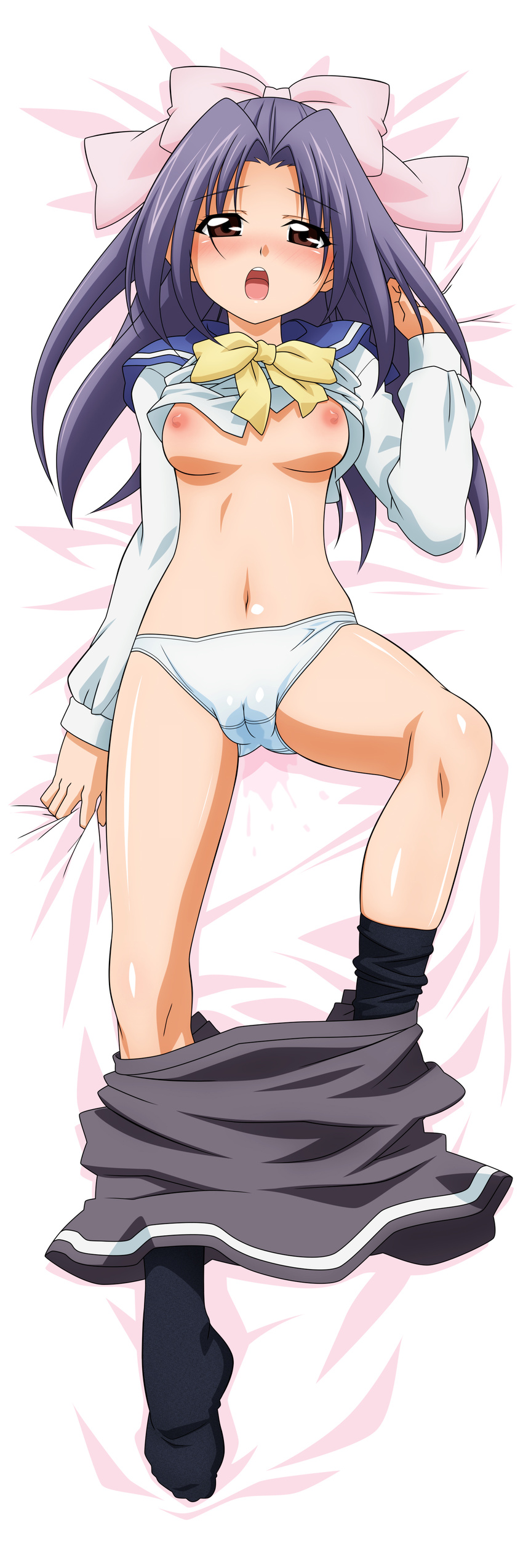 absurdres bed blush bow breasts cameltoe gakkou_no_kaidan_(anime) highres koigakubo_momoko large_breasts nude panties pink_bow school_uniform solo sugimura_tomokazu underwear undressing