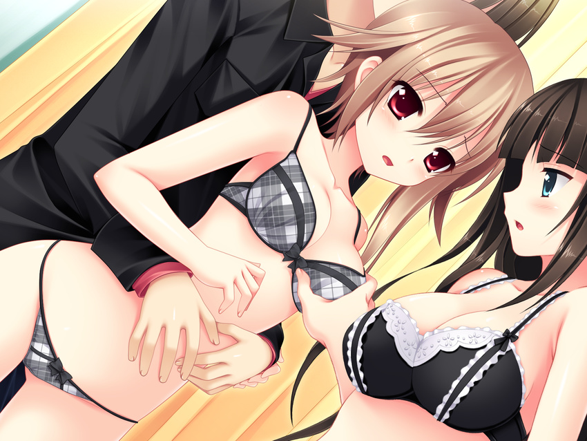 2girls bisexual_(female) black_bra black_hair blue_eyes bra breast_grab breasts brown_hair cleavage collarbone dutch_angle eyebrows eyebrows_visible_through_hair game_cg grabbing hair_between_eyes highres hug hug_from_behind kamishima_kaede large_breasts long_hair makita_maki mecha-con! medium_breasts multiple_girls narusawa_sora panties red_eyes sakurajima_moe underwear underwear_only