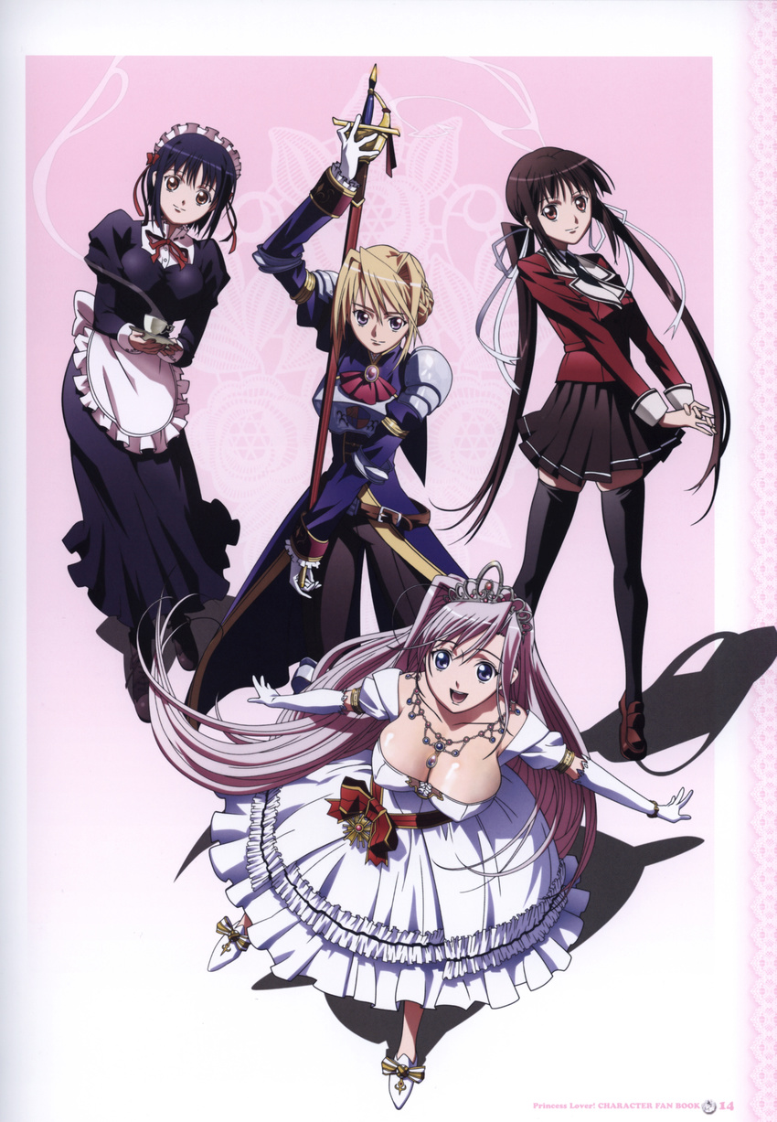 4girls absurdres armor blush charlotte_hazellink charlotte_hazelrink cleavage dress female fujikura_yuu highres houjouin_seika maid maid_outfit multiple_girls nipples overfiltered princess_lover princess_lover! school_uniform screening seika_houjouin silvia_van_hossen sword sylvia_van_hossen thighhighs uniform weapon weapons