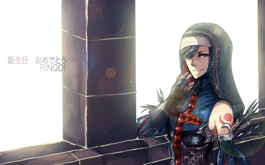 bad_id bad_pixiv_id black_hair bleedingsonata blue_eyes bridal_gauntlets castlevania castlevania_judgment cross eyelashes feathers highres hood lens_flare nun shanoa smile solo sunlight tattoo