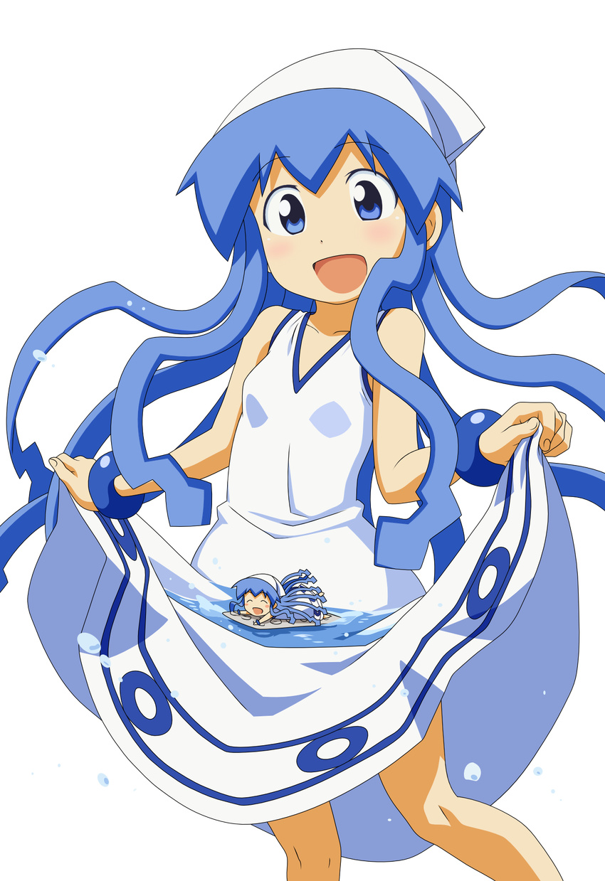 blue_eyes blue_hair bracelet chibi dress dual_persona grin hat highres ikamusume jewelry long_hair mini-ikamusume minigirl open_mouth shinryaku!_ikamusume smile tentacle_hair tentacles torasen_(artist) transparent_background vector_trace water