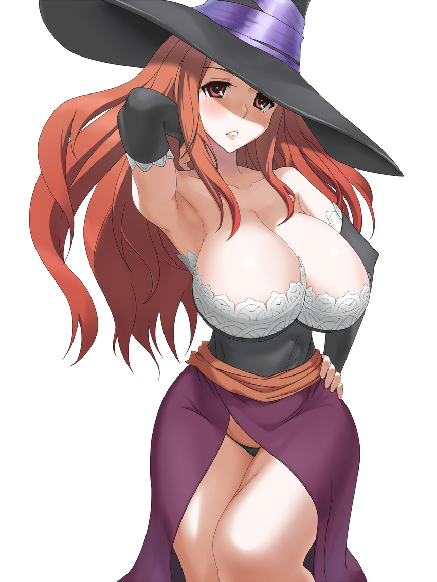 aoten arm_up armpits black_panties breasts brown_hair cleavage detached_sleeves dragon's_crown dress hand_on_hip hat highres huge_breasts long_hair looking_at_viewer panties parted_lips red_eyes simple_background solo sorceress_(dragon's_crown) strapless strapless_dress underwear white_background witch_hat