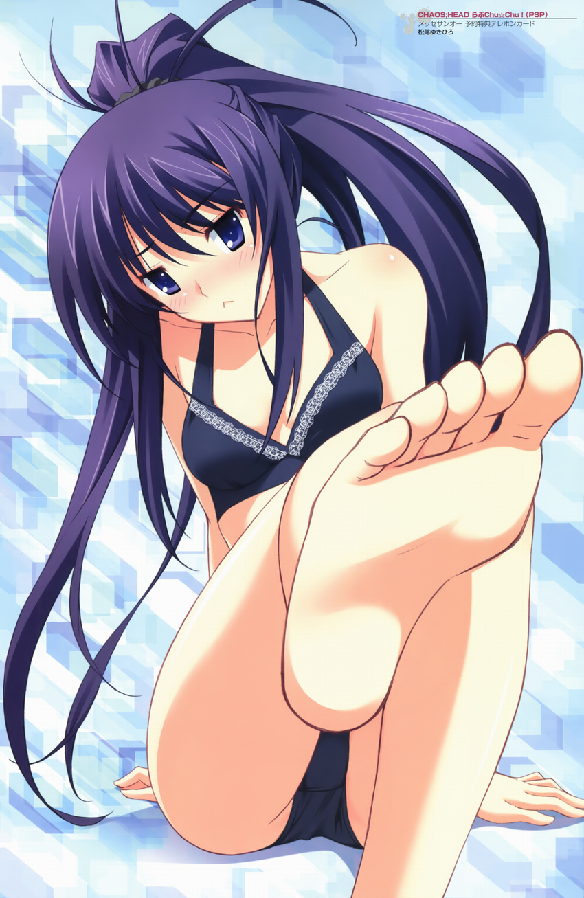 :&lt; absurdres aoi_sena arm_support barefoot bikini blush chaos;head feet foreshortening highres long_hair matsuo_yukihiro ponytail pov_feet purple_eyes purple_hair sitting soles solo swimsuit toes very_long_hair