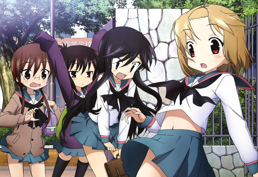 a_channel absurdres black_hair black_legwear brown_hair glasses highres ichii_tooru kaidou_hiroyuki legs long_hair momoki_run multiple_girls nishi_yuuko non-web_source nyantype official_art open_mouth purple_eyes red_eyes scan school_uniform serafuku tennouji_nagisa thighhighs twintails very_long_hair zettai_ryouiki