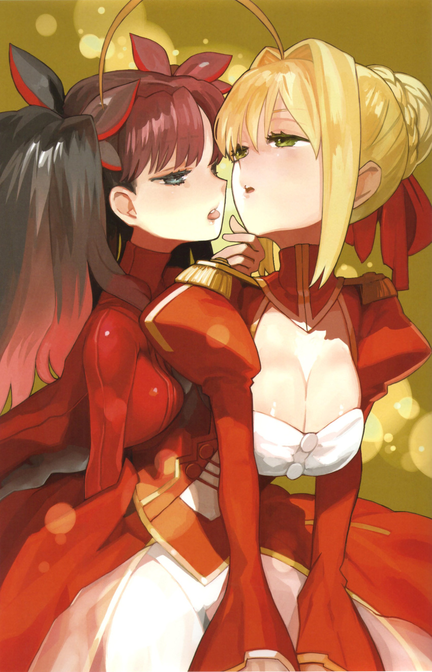 absurdres ahoge aqua_eyes black_hair blonde_hair bow breasts center_opening chin_grab cleavage colored_eyelashes dress epaulettes eyelashes fate/extra fate_(series) green_eyes hair_bow hair_intakes hair_ribbon highres imminent_kiss long_hair medium_breasts multiple_girls nero_claudius_(fate) nero_claudius_(fate)_(all) official_art ribbon tongue tongue_out toosaka_rin wada_aruko yuri