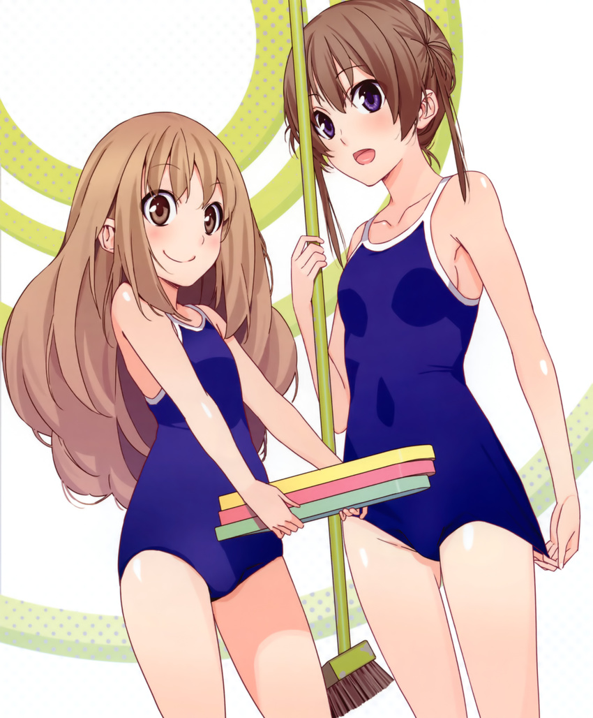 absurdres amakawa_chinatsu big_hair broom brown_eyes brown_hair carrying highres kickboard memories_off memories_off_yubikiri_no_kioku morii_shizuki multiple_girls one-piece_swimsuit orihime_hoshitsuki purple_eyes school_swimsuit short_hair smile swimsuit wide-eyed