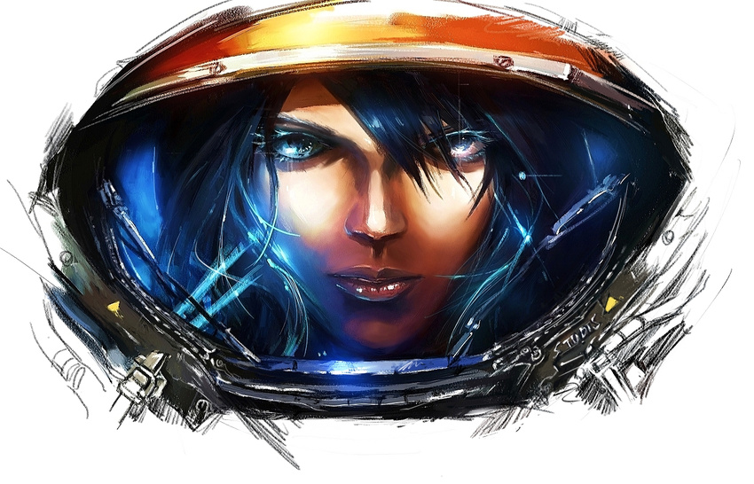 armor astronaut bad_id bad_pixiv_id black_hair blue_eyes helmet lips portrait power_suit realistic science_fiction solo spacesuit starcraft starcraft_2:_wings_of_liberty stu_dts terran_marine