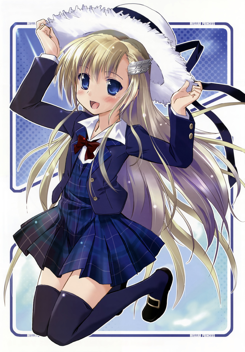 :d absurdres adjusting_clothes adjusting_hat black_legwear blazer blonde_hair blue_eyes blush dress hair_ornament hairclip hat highres huge_filesize jacket komatsu_eiji long_hair male_focus megami megami_creators mislead_princess open_mouth otoko_no_ko plaid plaid_dress scan school_uniform shoes smile solo sun_hat thighhighs very_long_hair zettai_ryouiki