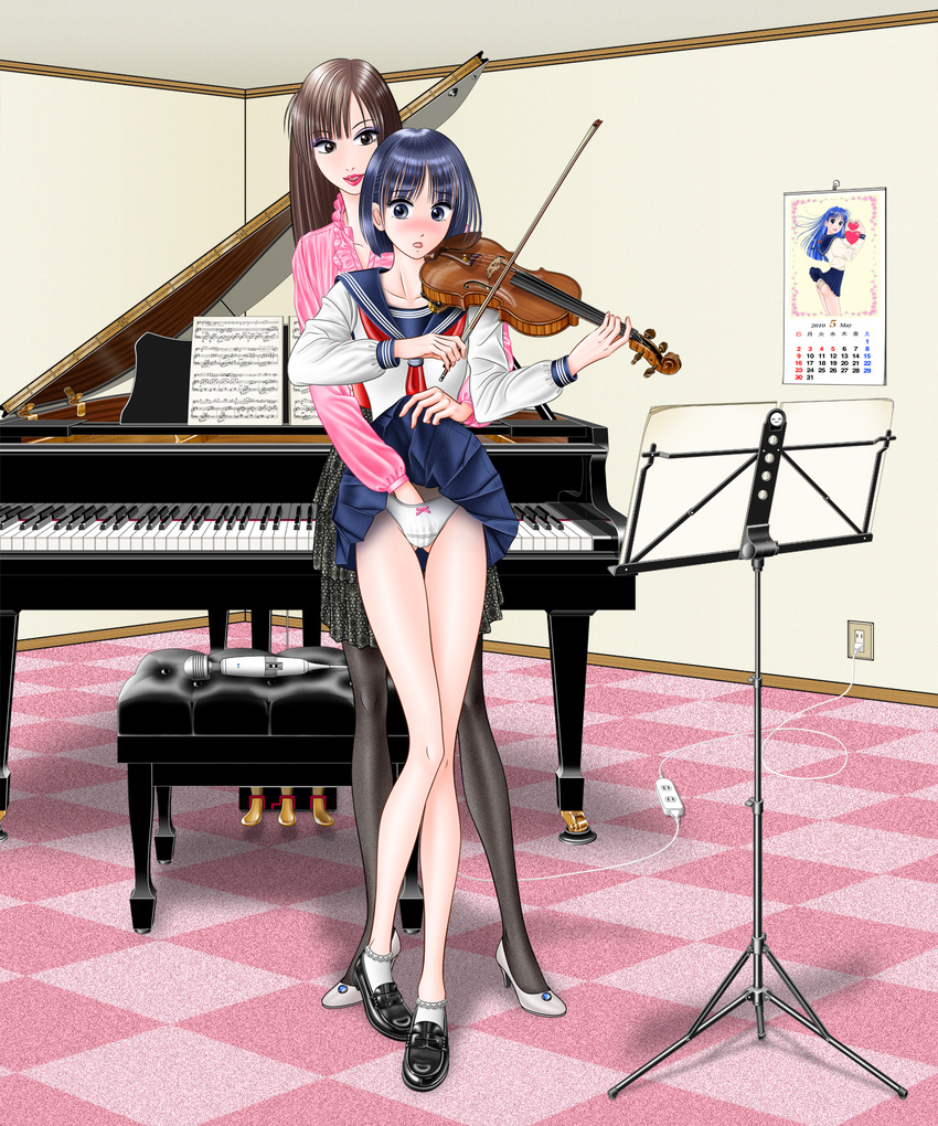 ao_suishou bare_legs blue_eyes blue_hair blush bob_cut bow_(instrument) brown_eyes brown_hair calendar_(object) chair checkered checkered_floor fingering full_body grand_piano hand_in_panties highres hitachi_magic_wand indoors instrument lips loafers long_hair multiple_girls music_stand original panties pantyhose piano school_uniform serafuku sheet_music shoes short_hair skirt skirt_lift standing stradivarius student teacher teacher_and_student underwear vibrator violin yuri