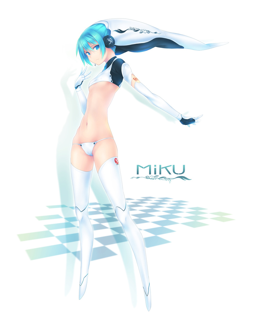 alternate_hairstyle android blue_eyes blue_hair checkered checkered_floor cosplay drossel_von_flugel drossel_von_flugel_(cosplay) elbow_gloves fireball_(series) flat_chest gloves hair_up hatsune_miku headphones highres midriff mikupa nanakusa navel outstretched_arm panties robot_joints shadow solo thighhighs underwear vocaloid white white_background white_legwear