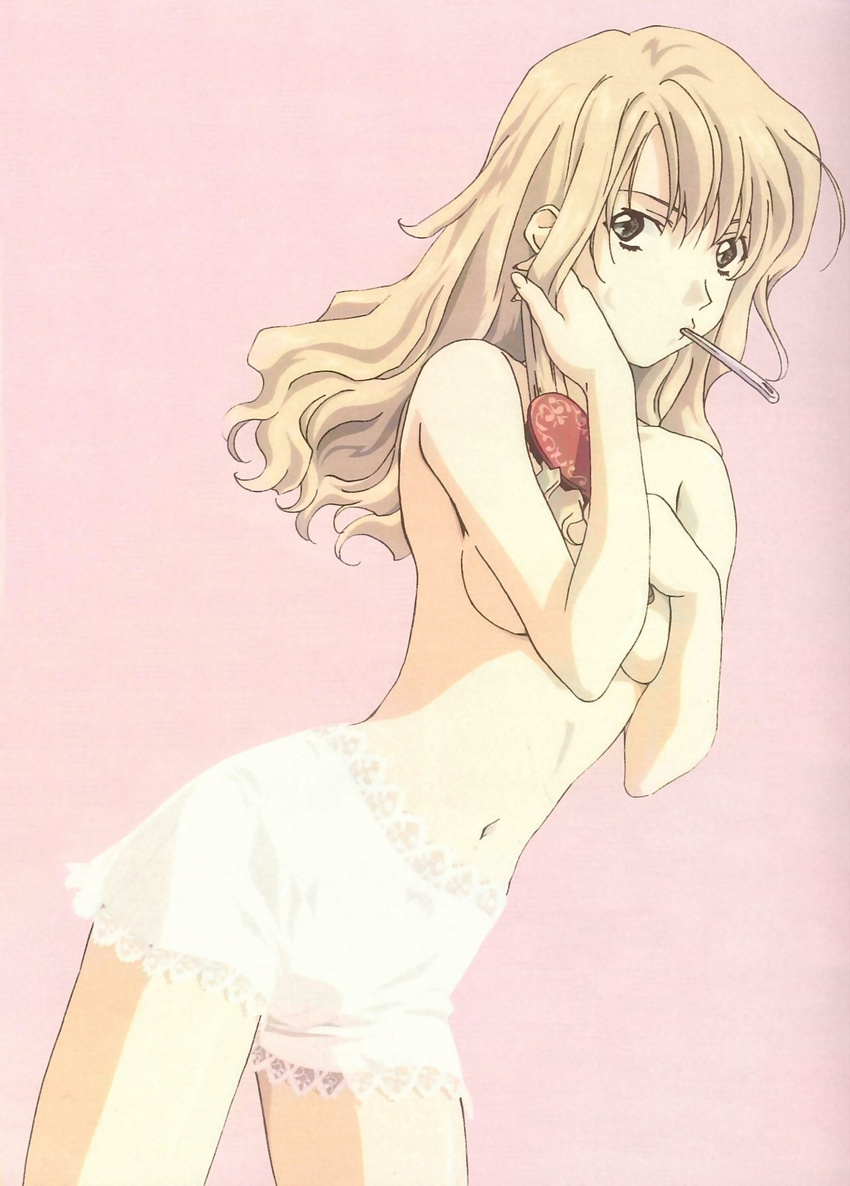 blonde_hair breasts convenient_arm grey_eyes hair_brush hair_brushing hand_in_hair highres kikuchi_youko long_hair looking_at_viewer medium_breasts mireille_bouquet navel noir official_art pantylines pink_background scan see-through_silhouette shorts simple_background solo standing toothbrush_in_mouth topless white_shorts