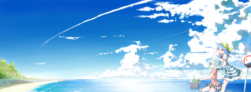 :3 absurdres ahoge aqua_hair bag bare_legs basket beach bicycle bicycle_basket bili_girl_22 bili_girl_33 bilibili_douga blue_hair blue_sky bow cloud condensation_trail cu_(fsy84738368) day dress food frilled_dress frills from_side ground_vehicle hair_ornament hand_on_headwear hat hat_bow hat_ribbon highres horizon horizontal_stripes kyubey looking_at_viewer looking_away mahou_shoujo_madoka_magica mouth_hold multiple_girls multiple_riders ocean open_mouth outdoors plaid plaid_skirt pleated_skirt popsicle red_eyes revision ribbon riding road_sign sash shirt shopping_bag shore short_sleeves sign skirt sky striped striped_dress striped_shirt sun_hat tree water yellow_bow yellow_ribbon