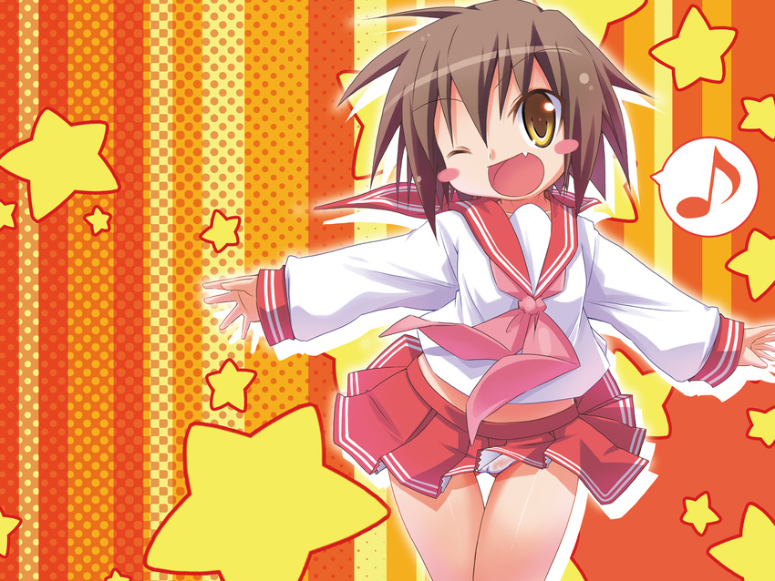 bad_id bad_pixiv_id brown_hair eighth_note fang highres hirose_madoka kusakabe_misao lucky_star musical_note one_eye_closed panties pink_neckwear ryouou_school_uniform school_uniform serafuku short_hair solo speech_bubble spoken_musical_note underwear wallpaper yellow_eyes