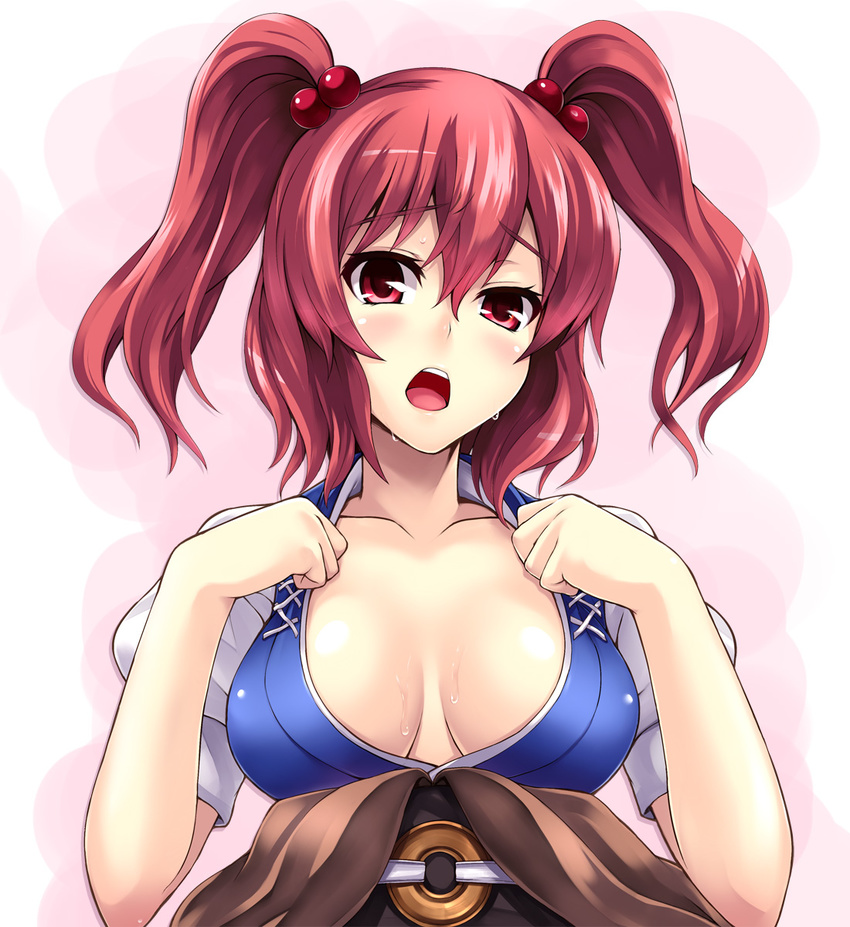 arms_up asu_hare bad_id bad_pixiv_id belt blue_dress blush breasts breasts_apart cleavage coin collarbone dress face hair_bobbles hair_ornament highres large_breasts looking_at_viewer onozuka_komachi open_mouth red_eyes simple_background solo sweat touhou two_side_up upper_body