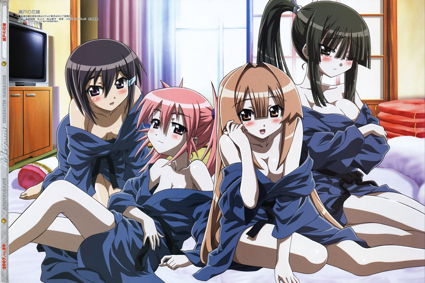 absurdres adjusting_hair black_hair blush breasts brown_hair cleavage edomae_lunar hair_ribbon highres japanese_clothes long_hair medium_breasts megami morita_kazuaki multiple_girls pink_hair ribbon seto_no_hanayome seto_sun shiranui_akeno small_breasts smile zenigata_mawari