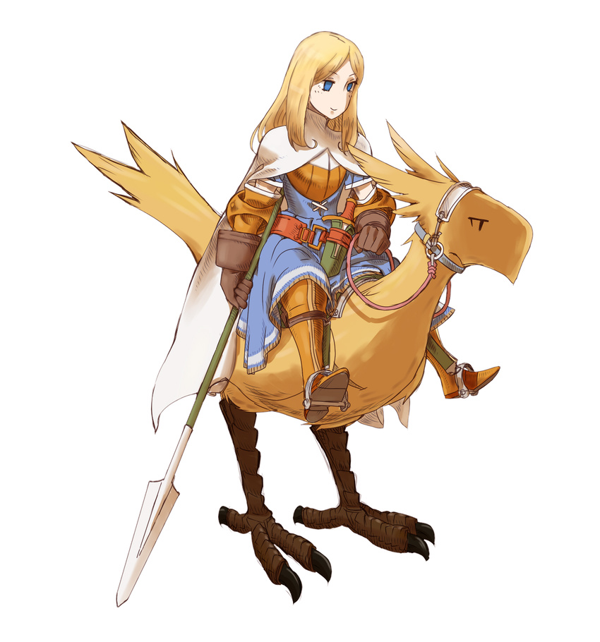 1girl armor armored_dress blonde_hair blue_eyes boots bridle cape cavalry chocobo dagger empty_eyes final_fantasy final_fantasy_tactics gloves highres knight_(fft) long_hair polearm riding solo spear sword weapon