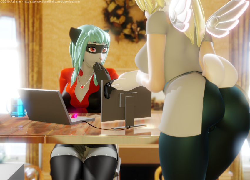 2019 3d_(artwork) anthro ashnar blonde_hair breasts butt clothed clothing digital_media_(artwork) duo feathered_wings feathers female green_hair hair lagomorph legwear mammal phina_(ashnar) procyonid pussy raccoon red_eyes sasha_(ashnar) thigh_highs upskirt wings wolpertinger