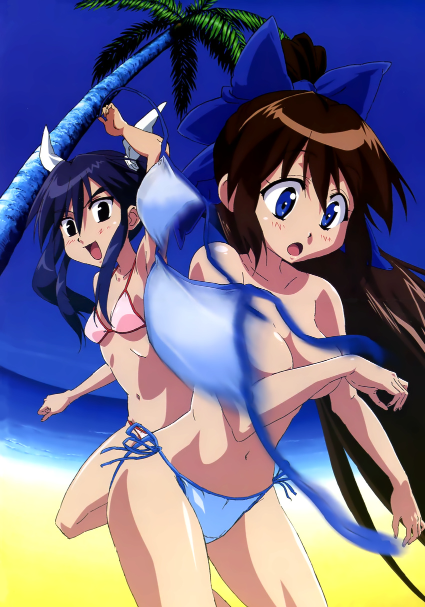 absurdres arm_up ayane_(nagasarete_airantou) beach bikini black_eyes blue_eyes blue_hair breast_hold breasts brown_hair day flat_chest hair_ribbon highres leg_lift long_hair looking_down medium_breasts megami motion_blur multiple_girls nagasarete_airantou naughty_face navel non-web_source open_mouth outdoors palm_tree ponytail ribbon scan side-tie_bikini small_breasts surprised suzu_(nagasarete_airantou) swimsuit topless tree twintails untied very_long_hair water yoshida_ikuo