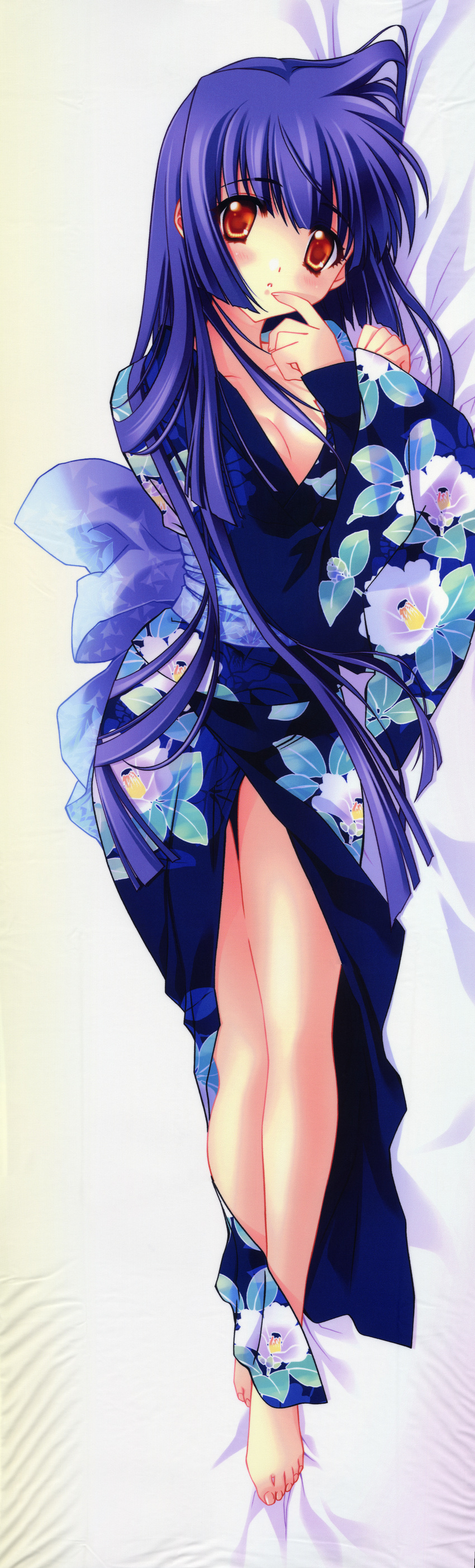 absurdres barefoot blue_kimono breasts carnelian cleavage dakimakura full_body highres huge_filesize japanese_clothes kao_no_nai_tsuki kimono kuraki_mizuna long_hair lying medium_breasts orange_eyes purple_hair scan solo yukata