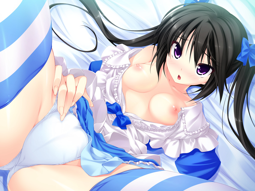 bed black_hair breasts game_cg luna_lia mecha-con! nipples open_shirt panties purple_eyes thighhighs underwear yatake_tsubaki