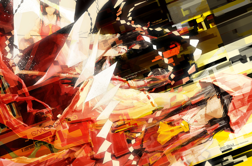abstract_background ascot bangs bare_shoulders blunt_bangs bow closed_mouth detached_sleeves dress dutch_angle expressionless faceless faceless_female frilled_shirt_collar frills hair_bow hair_tubes hakurei_reimu hood hood_up long_hair long_sleeves looking_at_viewer lowlight_kirilenko multiple_views red_bow red_dress red_eyes sidelocks standing touhou wide_sleeves