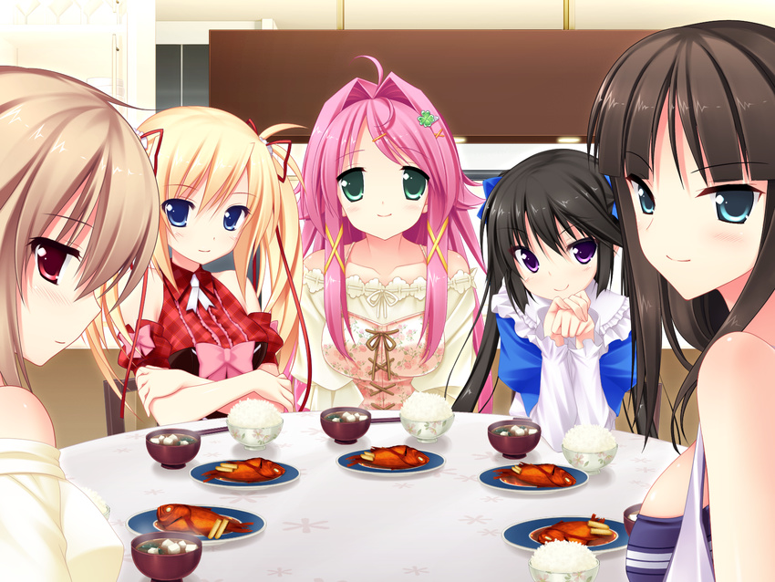 black_hair blonde_hair brown_hair food game_cg luna_lia makita_maki mecha-con! narusawa_sora pink_hair sakurajima_moe sawatari_saki tagme_(character) twintails yatake_tsubaki