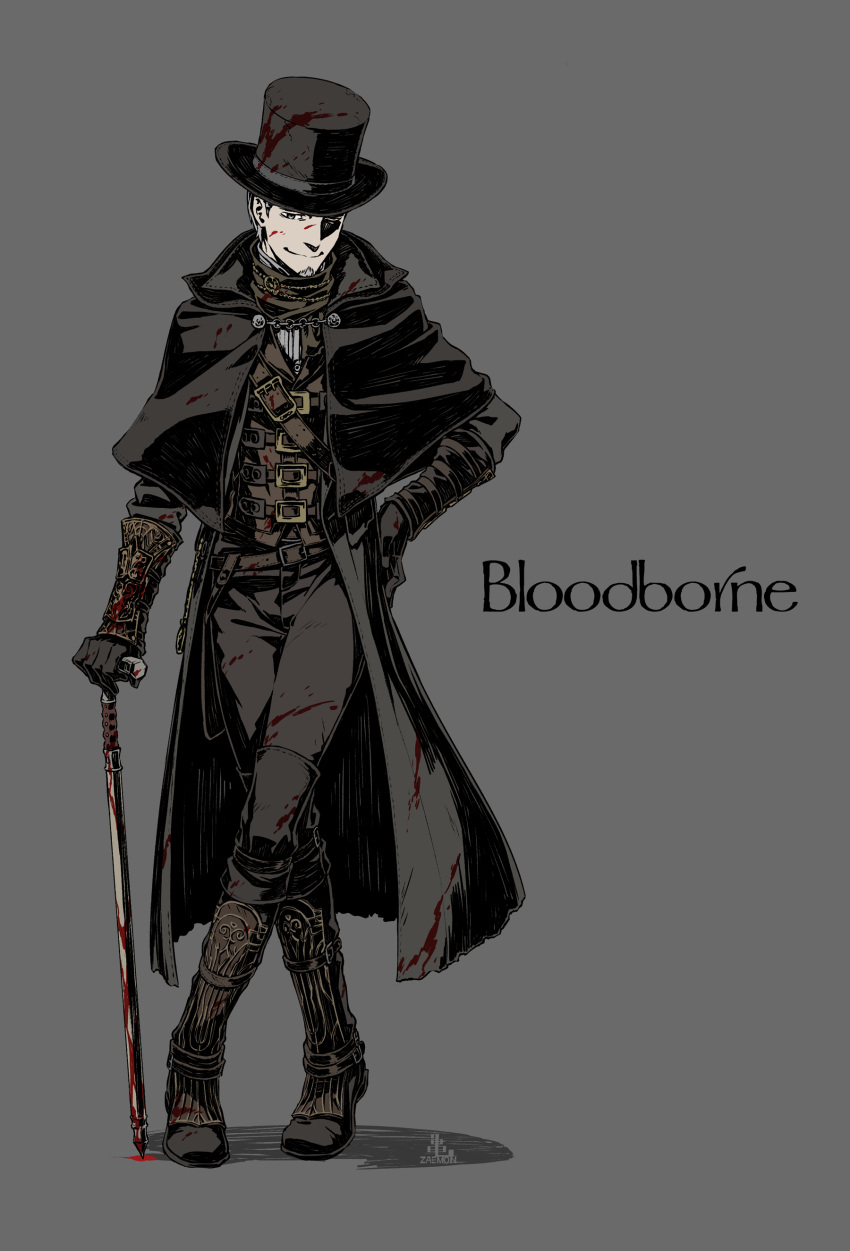 1boy absurdres bangs black_capelet black_coat black_headwear blood blood_on_clothes bloodborne boots brown_footwear brown_gloves brown_pants cane capelet coat commentary_request copyright_name crossed_legs facial_hair gloves goatee grey_background hat highres hunter_(bloodborne) kamezaemon knee_boots looking_at_viewer male_focus pants simple_background smile solo standing threaded_cane top_hat watson_cross