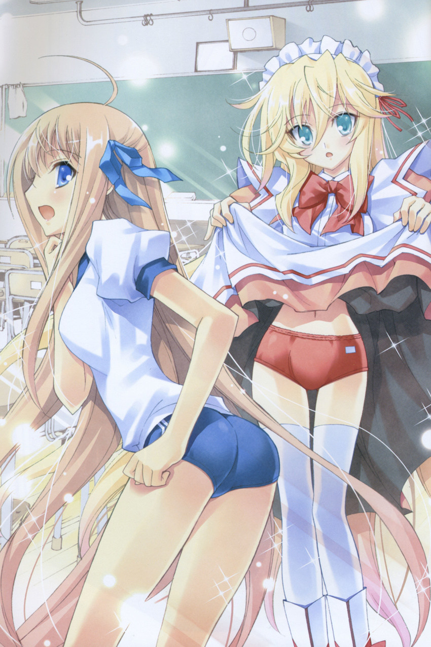 bloomers gym_uniform kaishaku kyoushirou_to_towa_no_sora setsuna shiratori_kuu skirt_lift thighhighs