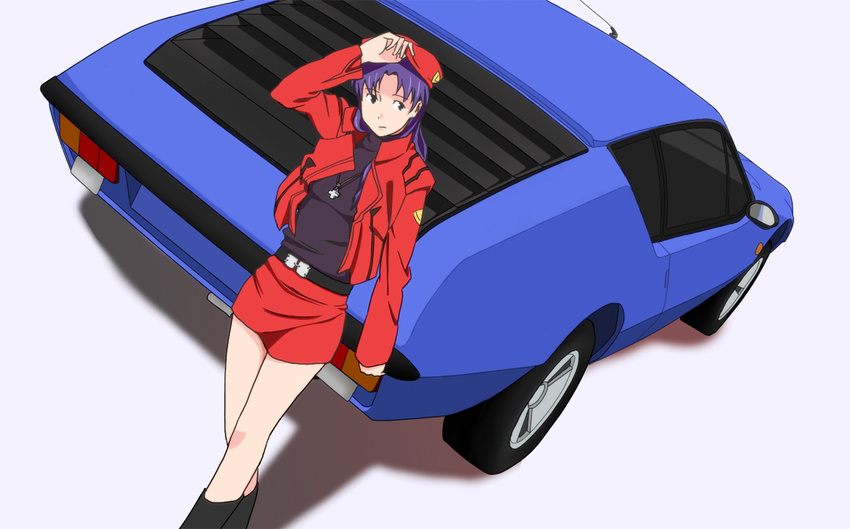 car cross dutch_angle ground_vehicle katsuragi_misato motor_vehicle neon_genesis_evangelion no_legwear oge pencil_skirt renault renault_alpine_a310 skirt solo uniform